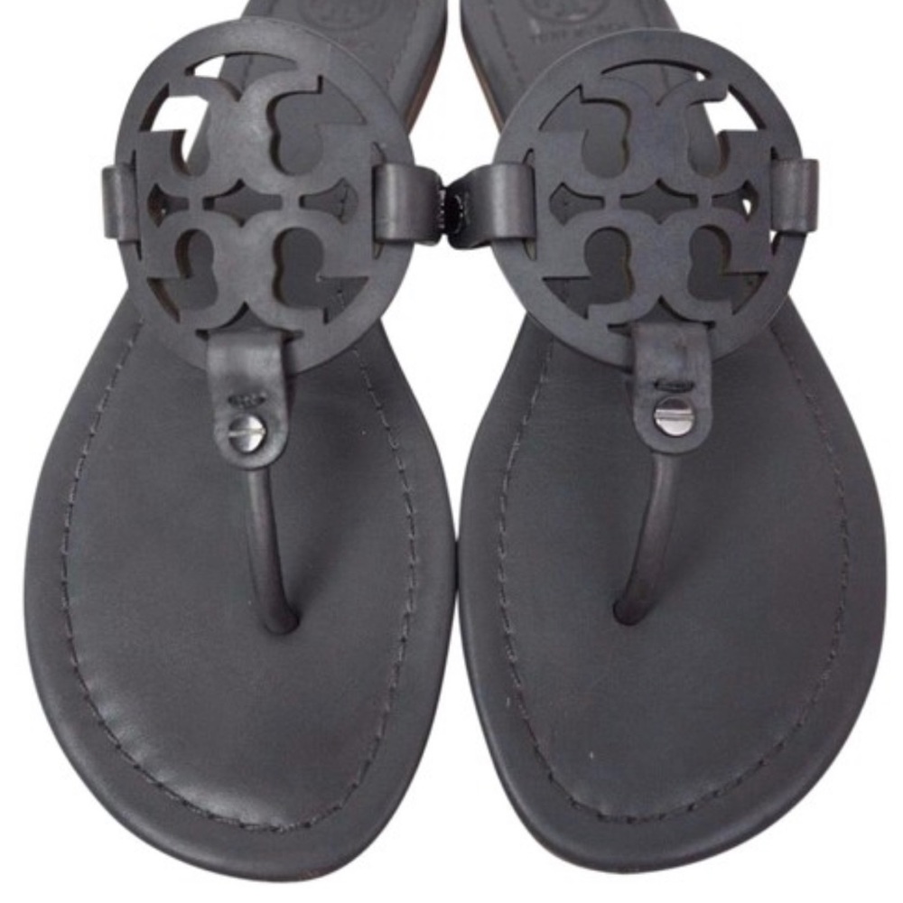Tory Burch Grey Miller Flip Flops Leather Sandals